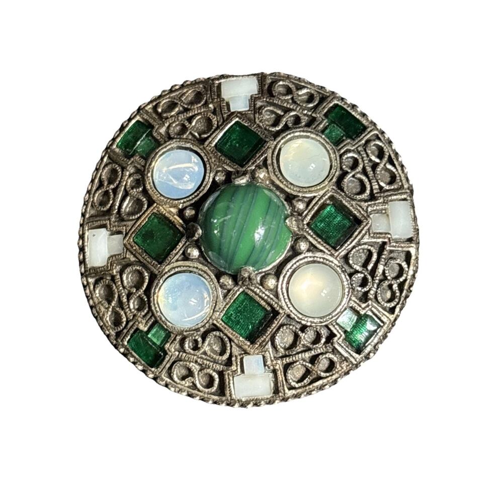 Vintage Large Celtic Brooch Green Brooch & Iridescent Stones Unsigned Miracle